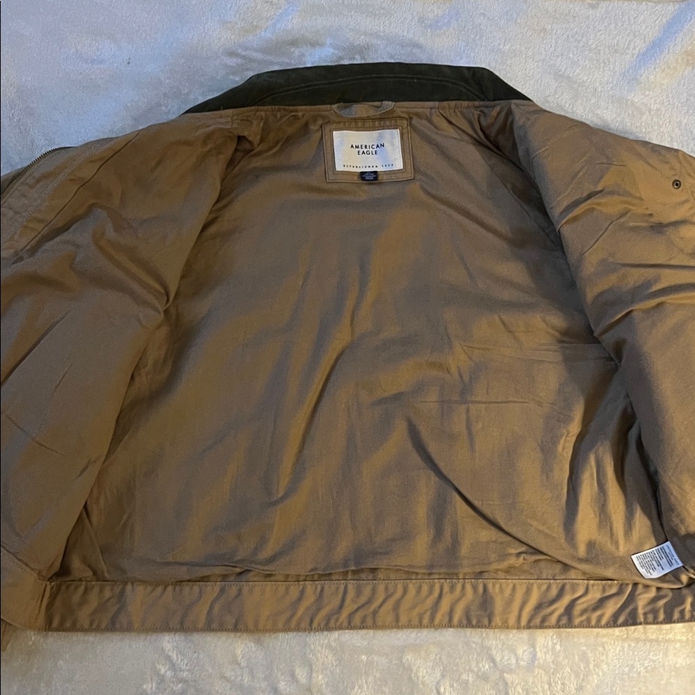 LK NW 🦅 AMERICAN EAGLE COTTON KHAKI CAMEL TAN LINED JACKET w/CORDUROY COLLAR XXL - Picture 8 of 15